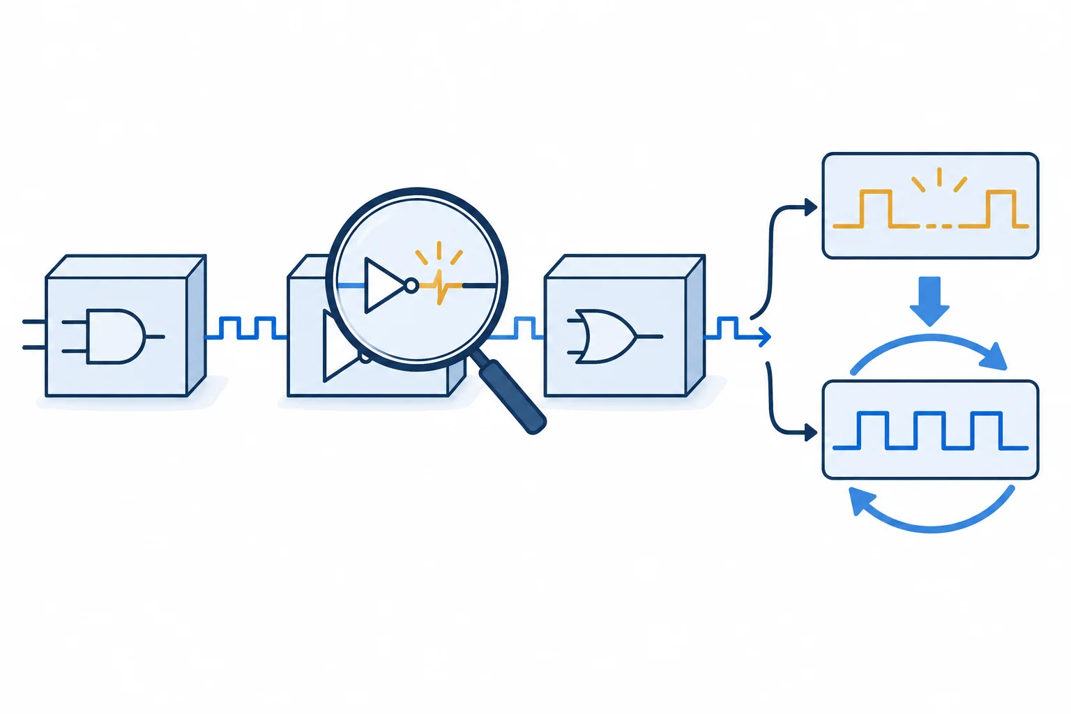 A magnifying lens isolates a fault in a logic path. An interrupted trace is compared with a corrected trace and a rerun arrow.