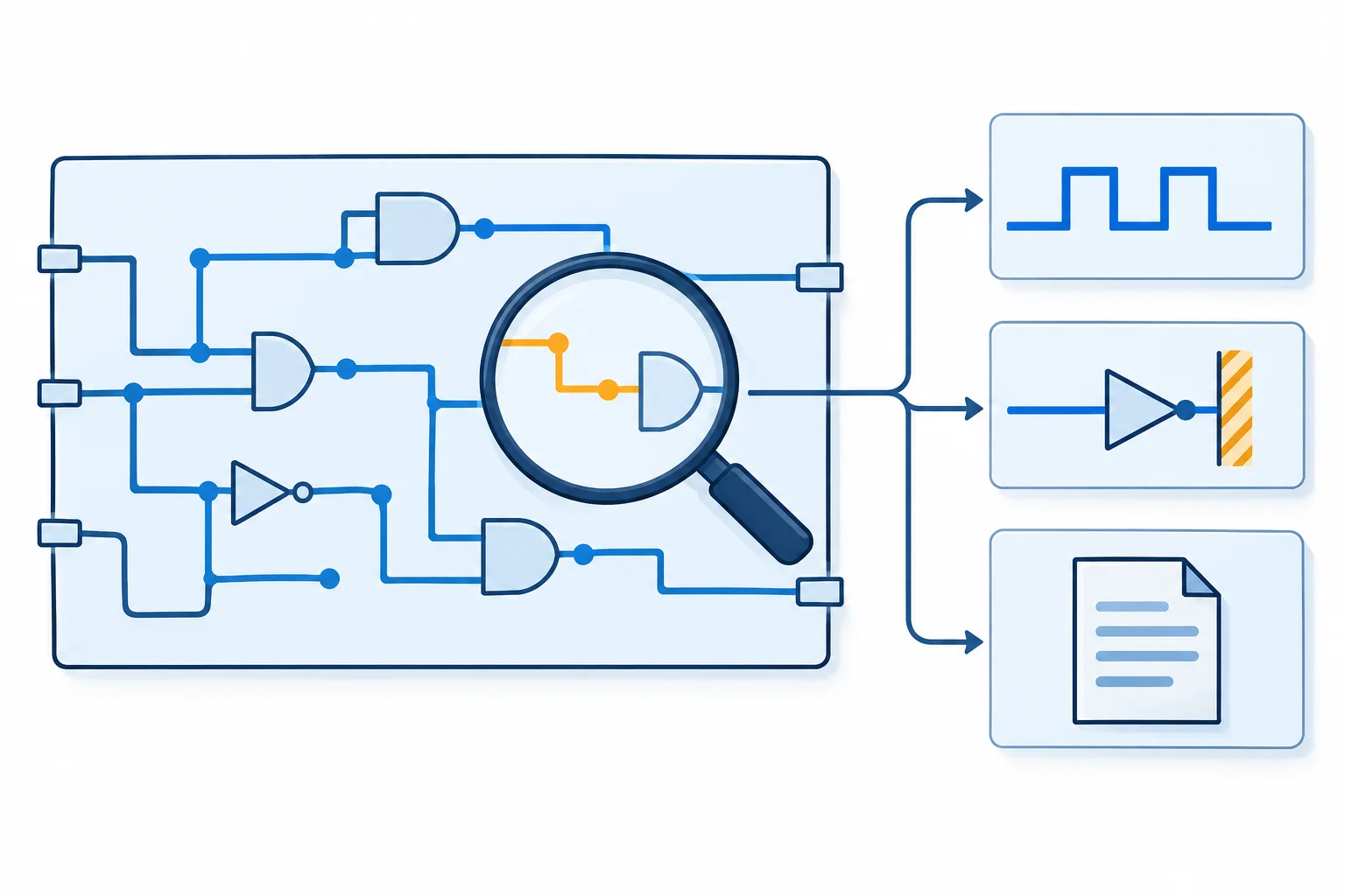 An uncovered logic path is inspected, with test stimulus, an unreachable path, and a supporting document shown as possible dispositions.